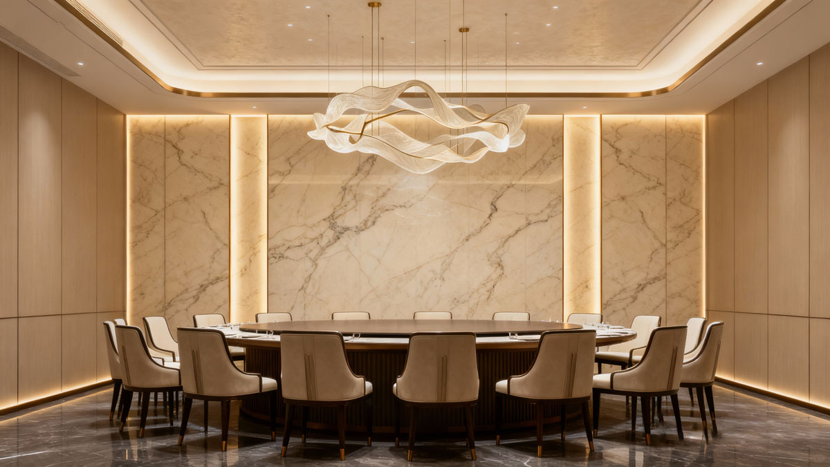 jimeng-2025-11-25-9671-酒店大堂休息用餐区，背景为米色大理石墙板，配有椭圆形餐桌和优雅的餐椅，天花板有艺